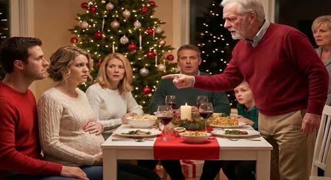 On Christmas night, I held my husband’s hand and whispered, “I’m going to be a mother.” The whole table went silent. My father-in-law jumped up and pointed at me: “You and that child do not belong in this family!” I didn’t cry. I simply placed a gift in front of him and said, “Then open this after I’m gone…”